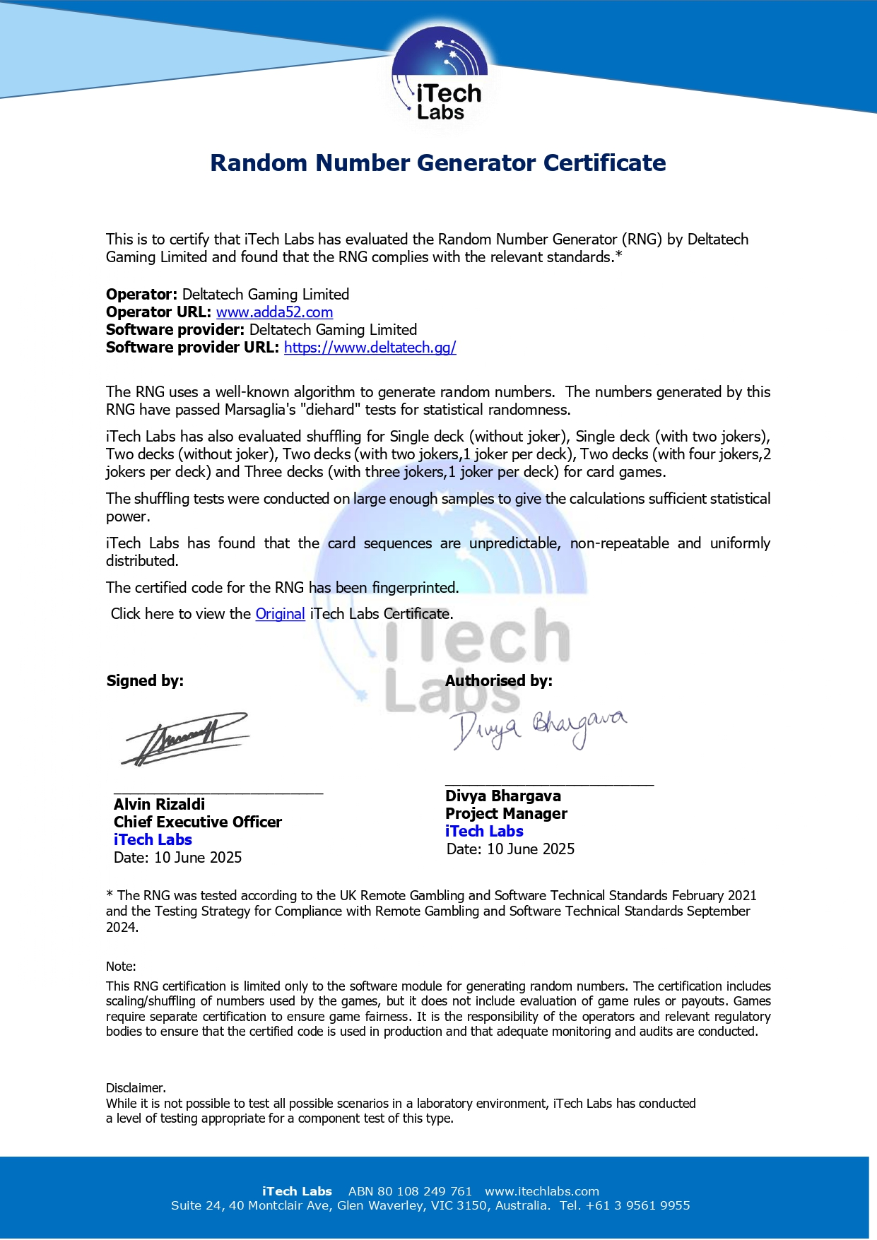 adda52 RNG certificate